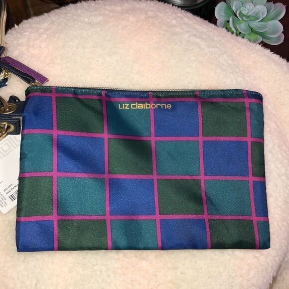 Liz Claiborne Navy Fuchsia Purple Plaid Monogram Travel Bag Set of 3 - Picture 5 of 12
